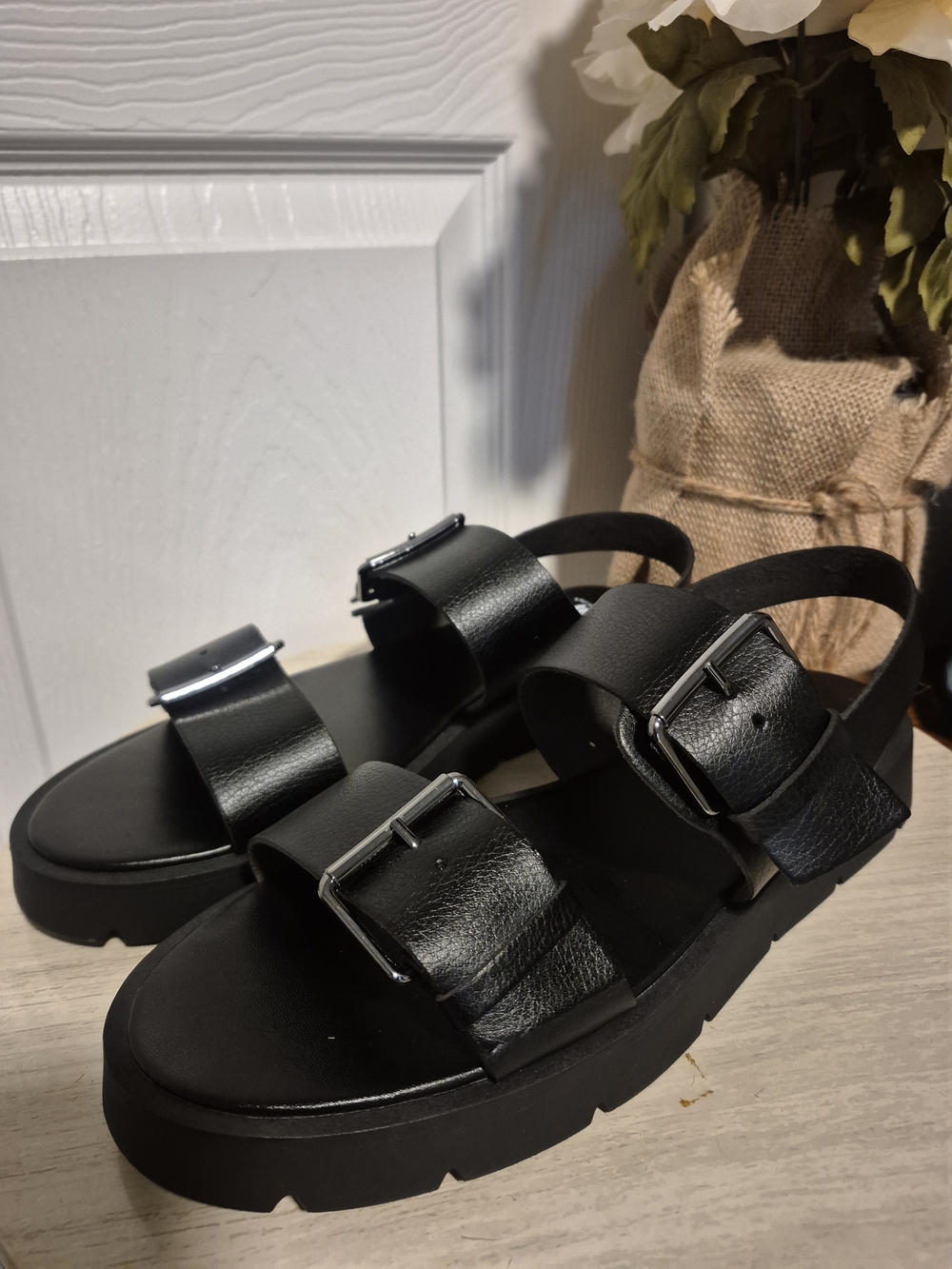 OS Black Double-Buckle Platform Sandals NWOT